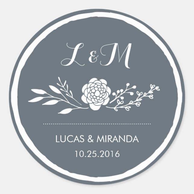 Grey Flower and Leaf Wreath Wedding Favour Sticker (Front)