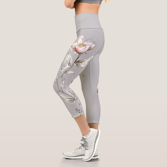 Grey Flower Branch Capri Leggings (Left)