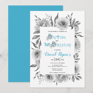 Grey flowers boy baptism and 1st birthday blue invitation