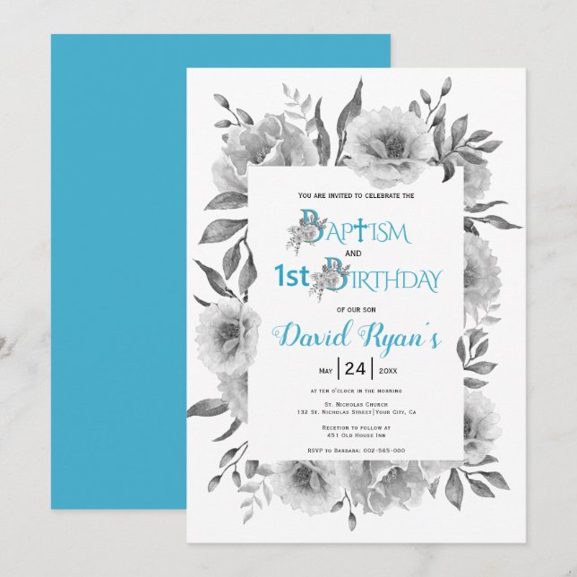 Grey flowers boy baptism and 1st birthday blue invitation (Front/Back)