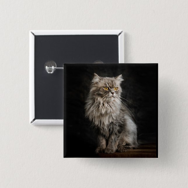 Grey Fluffy Cat  15 Cm Square Badge (Front & Back)