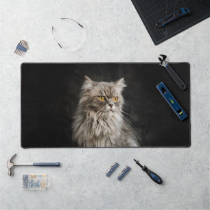 Grey Fluffy Cat Desk Mat