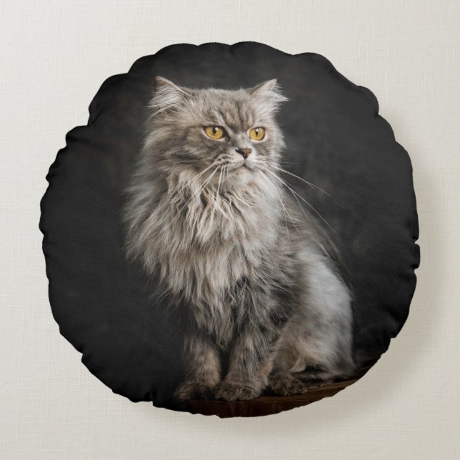 Grey Fluffy Cat  Round Cushion (Front)