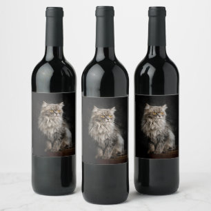 Grey Fluffy Cat  Wine Label