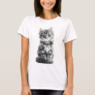 Grey Fluffy Longhair Kitten Illustration Women T-Shirt