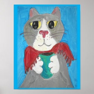 Grey Folk Art Cat and Coffee Poster