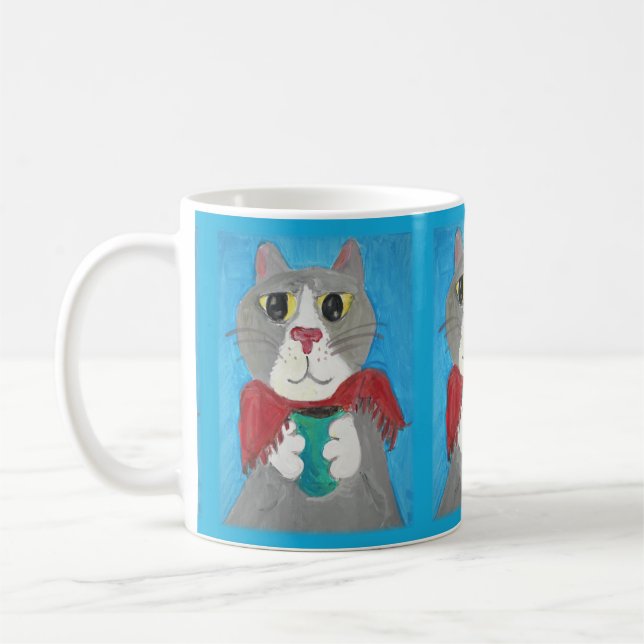 Grey Folk Art Cat with Coffee Cosy Cute Coffee Mug (Left)