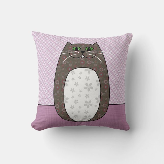 'Grey Folk Cat' Pillow (Front)