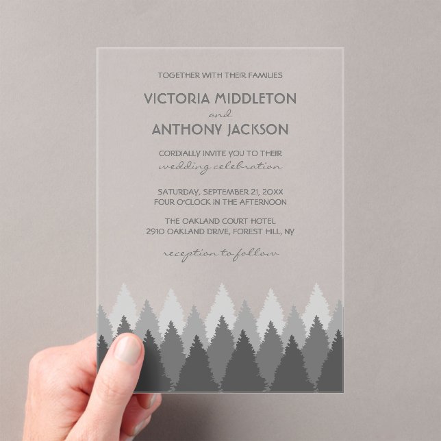 Grey Forest Range Woodland Wedding Acrylic Invitations (Insitu (Handheld))