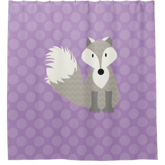 Grey Fox on Lavender Polka Dots Shower Curtain (Front)
