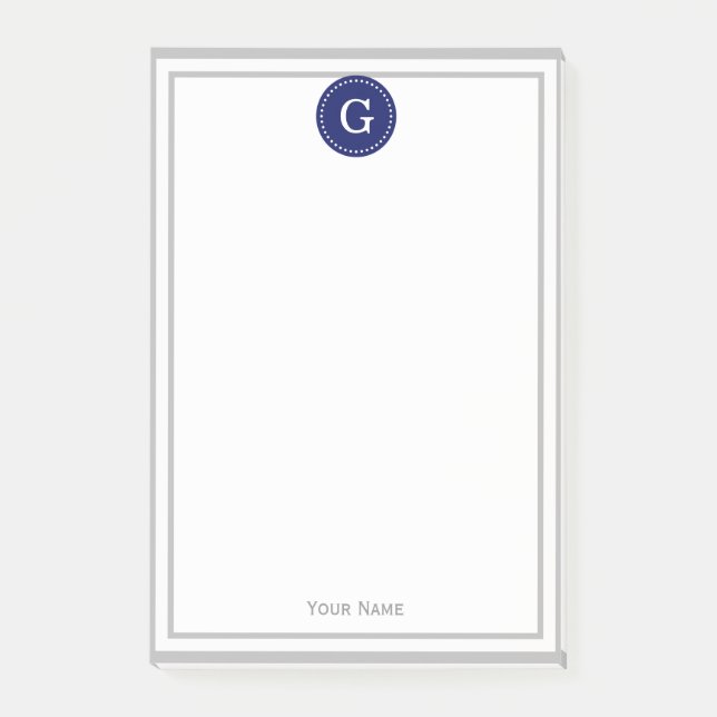 Grey Framed Round Navy 1I Monogram Post-it Notes (Front)