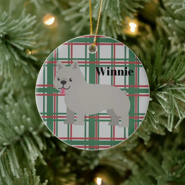 Grey French Bulldog, Christmas Plaid Ceramic Ornament (Tree)