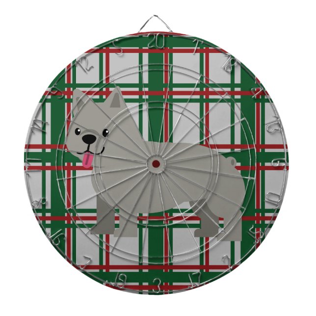Grey French Bulldog, Christmas Plaid Dartboard (Front)
