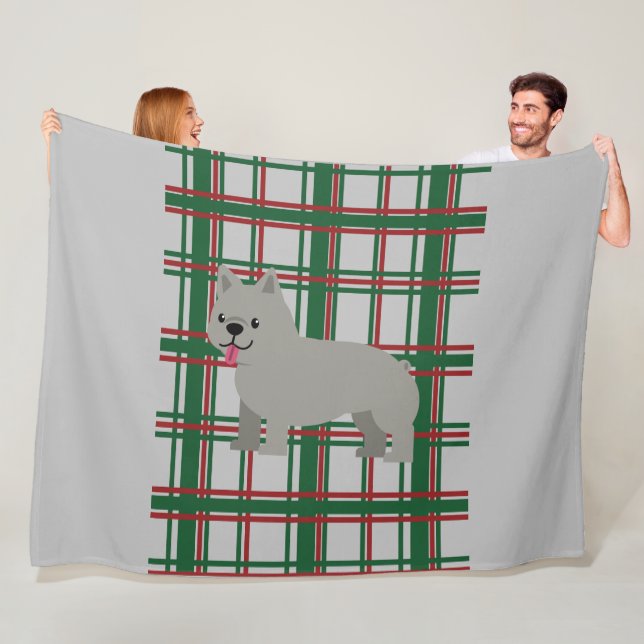 Grey French Bulldog, Christmas Plaid Fleece Blanket (In Situ)