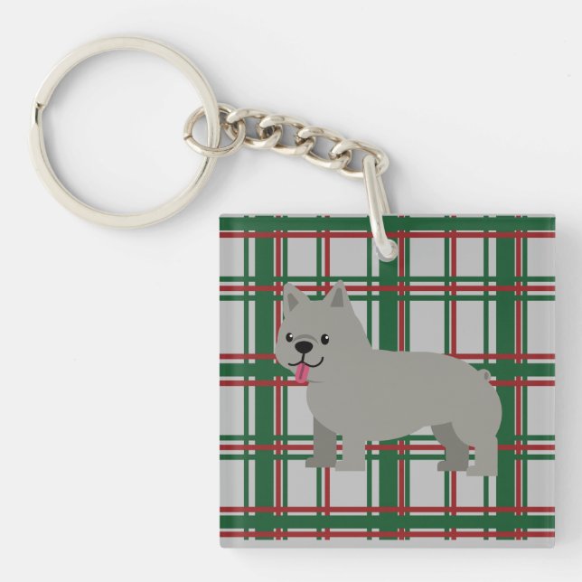 Grey French Bulldog, Christmas Plaid Key Ring (Front)