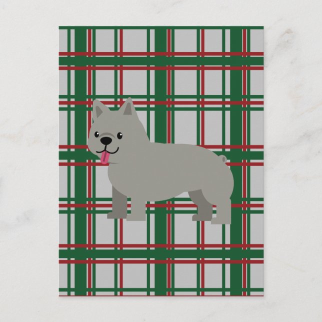 Grey French Bulldog, Christmas Plaid Postcard (Front)