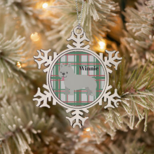 Grey French Bulldog, Christmas Plaid Snowflake Pewter Christmas Ornament
