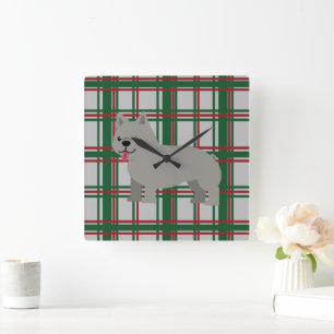Grey French Bulldog, Christmas Plaid Square Wall Clock