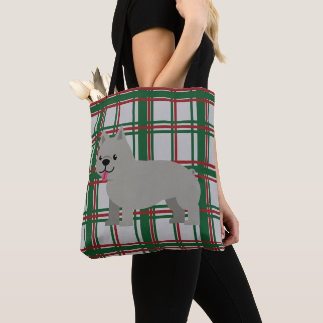 Grey French Bulldog, Christmas Plaid Tote Bag (Close Up)