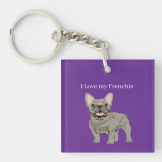 Grey French Bulldog, I Love my frenchie Key Ring