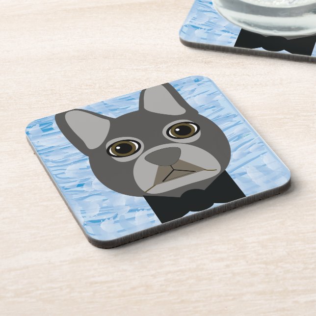 Grey French Bulldog, watercolor blue Coaster (Left Side)
