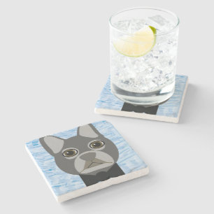 Grey French Bulldog, watercolor blue Stone Coaster