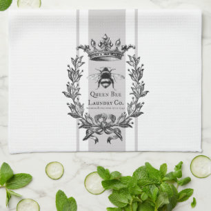 Grey French inspired Laurel Wreath Queen Bee Tea Towel