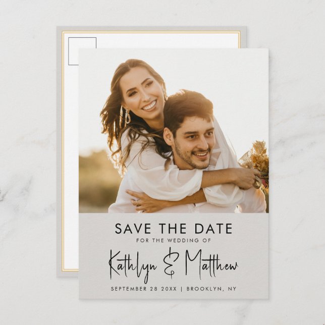 Grey Fun Script Modern Photo Minimalist Wedding Sa Announcement Postcard (Front/Back)