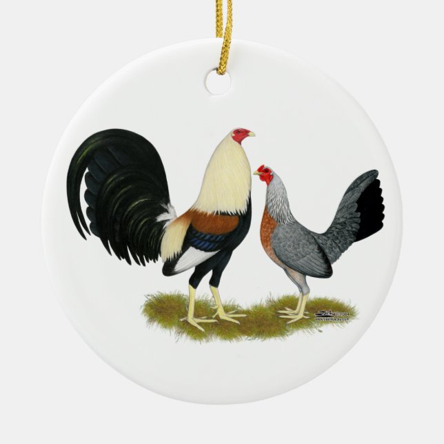 Grey Game Fowl Pair Ceramic Tree Decoration (Front)