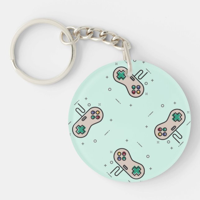 Grey game joystick on blue key ring (Front)