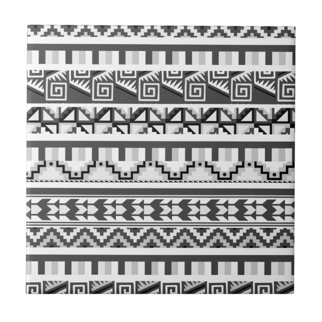 Grey Geometric Abstract Aztec Tribal Print Pattern Ceramic Tile (Front)