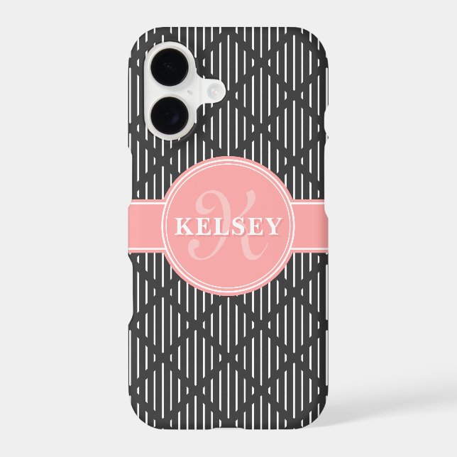 Grey Geometric Line Diamond Pattern Pink Monogram (Back)