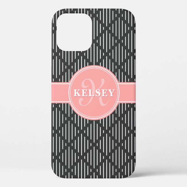 Grey Geometric Line Diamond Pattern Pink Monogram Case-Mate iPhone Case (Back)