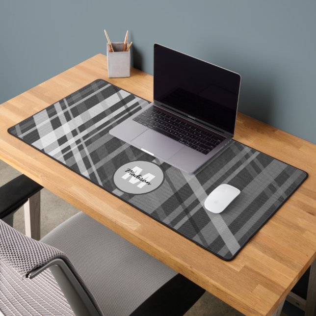Grey geometric retro Lines Pattern Monogram Desk Mat (Office 2)