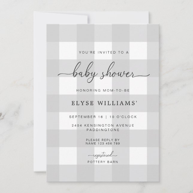 Grey Gingham Baby Shower Invitation (Front)