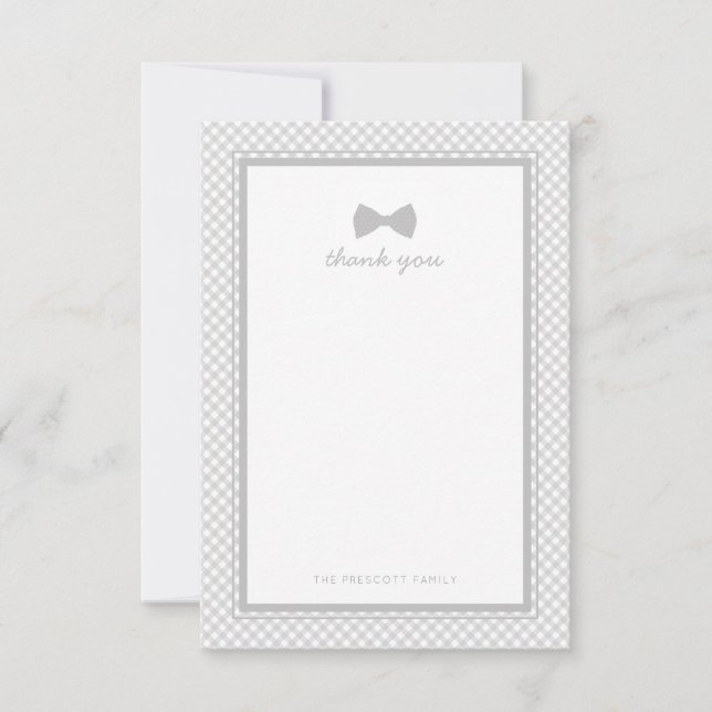 Grey gingham bow tie baby shower thank you note card (Front)