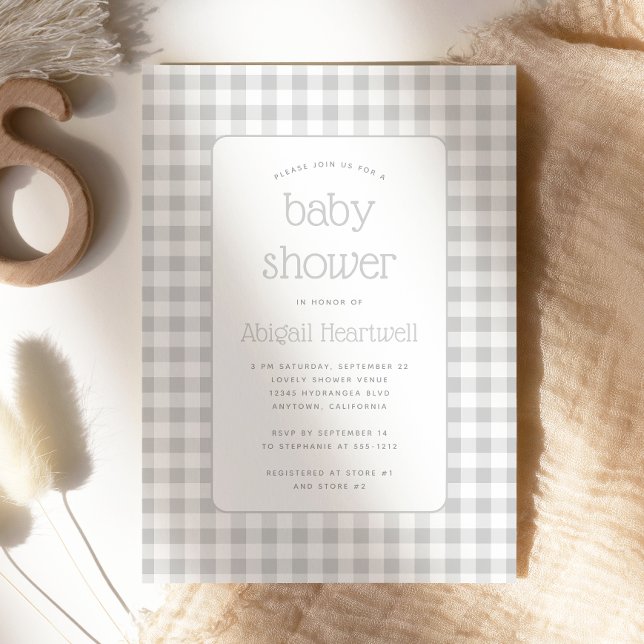 Grey Gingham Check Baby Shower Invitation (Creator Uploaded)