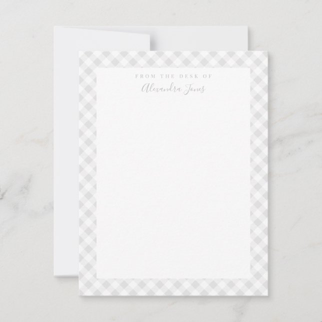 Grey Gingham Check Personal Stationery Note Card (Front)