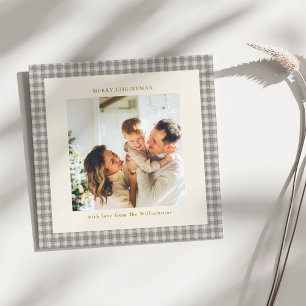 Grey Gingham Christmas Square Photo Vintage Holiday Card