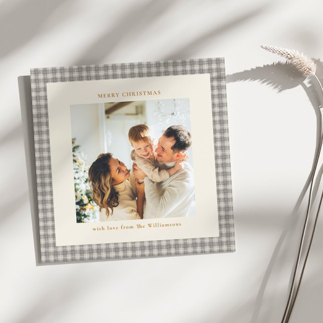 Grey Gingham Christmas Square Photo Vintage  Holiday Card (Creator Uploaded)