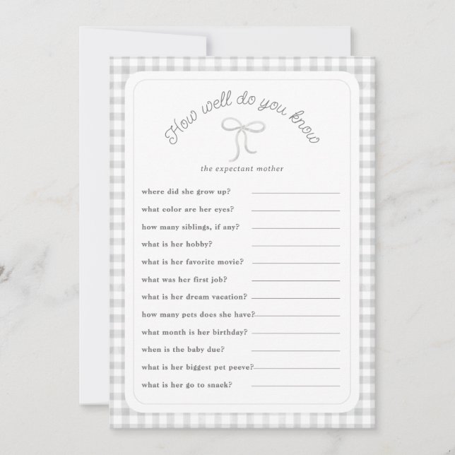 Grey gingham How well do you know shower Game Invitation (Front)