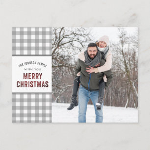 Grey Gingham MERRY CHRISTMAS 2 Photos Holiday Postcard