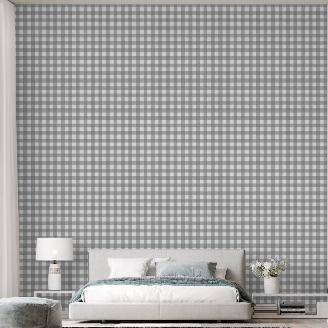 grey gingham | neutral grey grid checks wallpaper (Bedroom)
