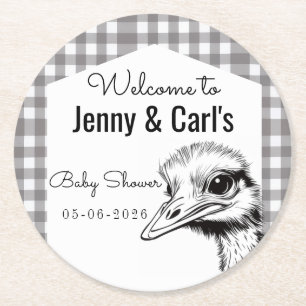Grey Gingham Ostrich Cute Baby shower Round Paper Coaster