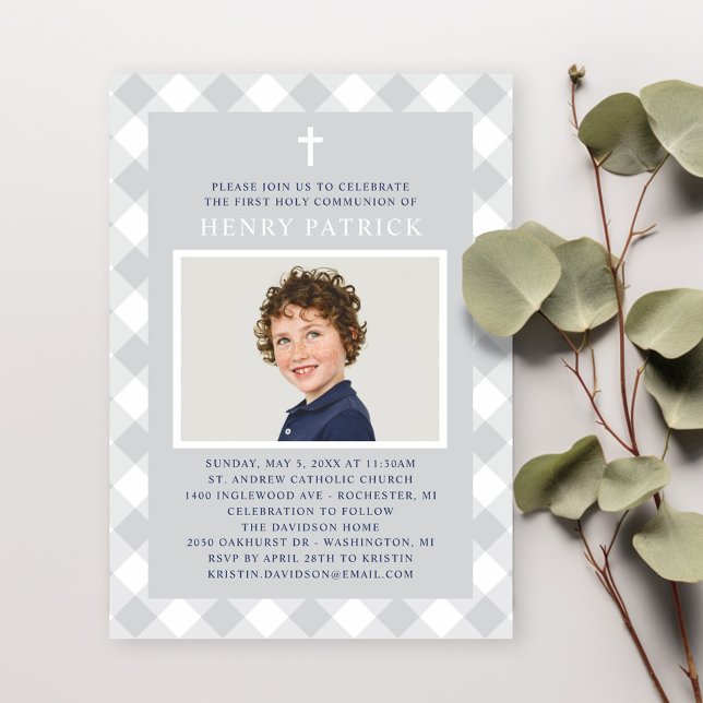 Grey Gingham Plaid First Communion Boy Photo Invitation (Creator Uploaded)