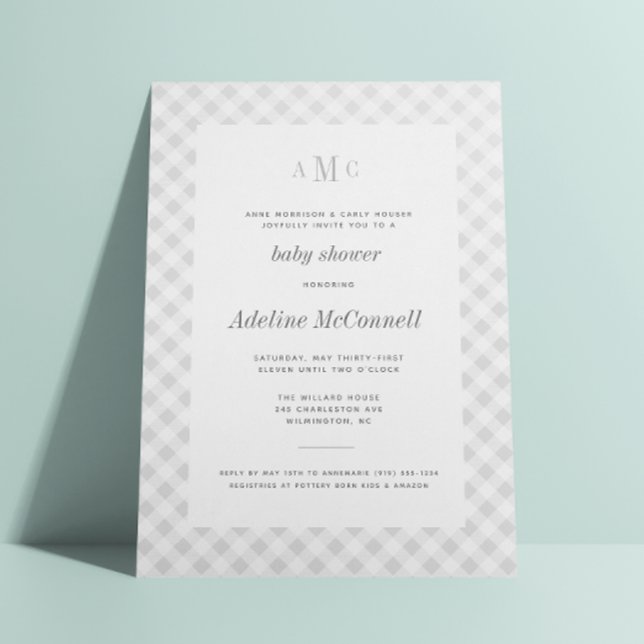 Grey Gingham Traditional Baby Shower Invitation (Creator Uploaded)