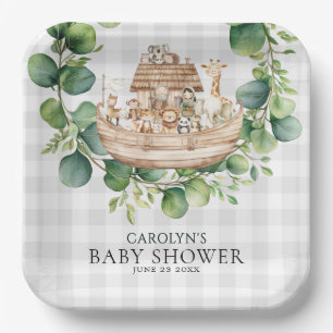Grey Gingham Watercolor Noah's Ark Baby Shower  Paper Plate