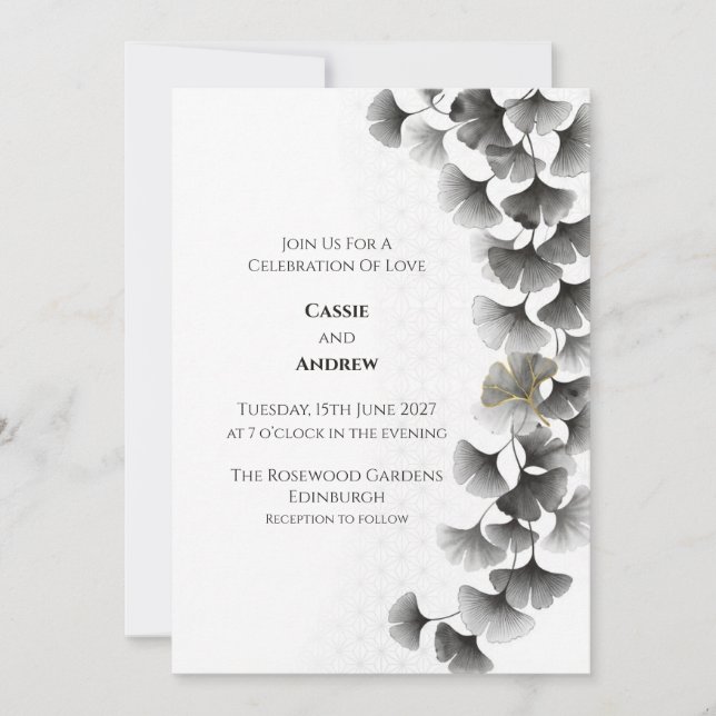 Grey Ginkgo Leaf Wedding Invitation (Front)