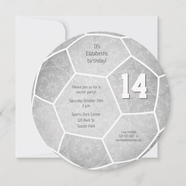 grey girl's soccer themed birthday party announcement (Front)
