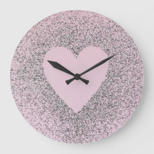 Grey Glitter Canvas Art with Pink Heart Large Clock